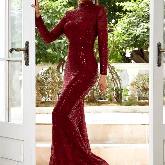 Red, Mock Neck,  Long Sleeved,  Keyhole Back,  Sequined Mermaid Maxi Gown - Picture 9 of 11
